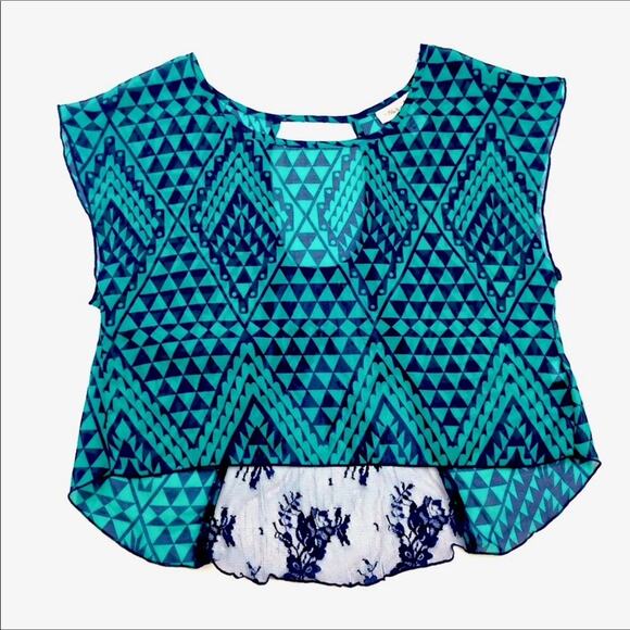 Belle Du Jour Tops - Emerald Green Navy Geometric Print Sheer Crop Top